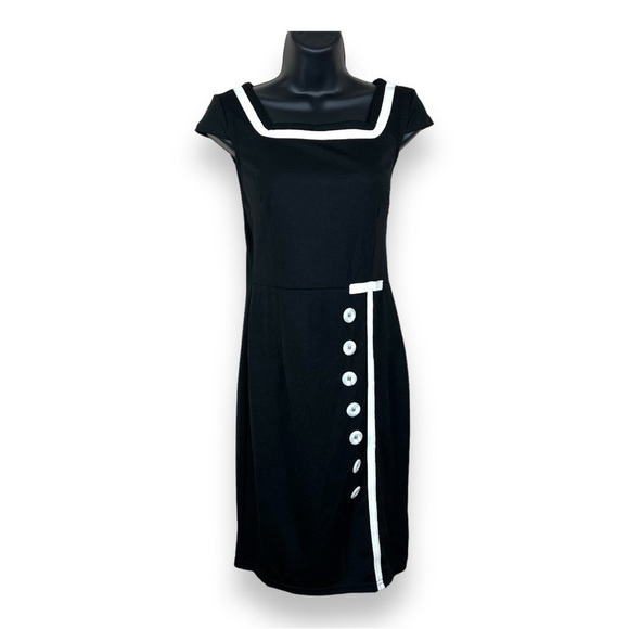 NEW Finejo Black White Nautical Retro Pinup Wiggle Dress Stretch Event Party - Picture 1 of 12